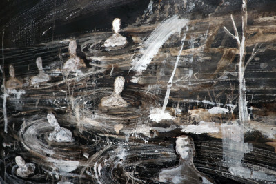 With white oil pastels and acrylic paints on bitumen are depicted the torsos of several people sinking in the swamp