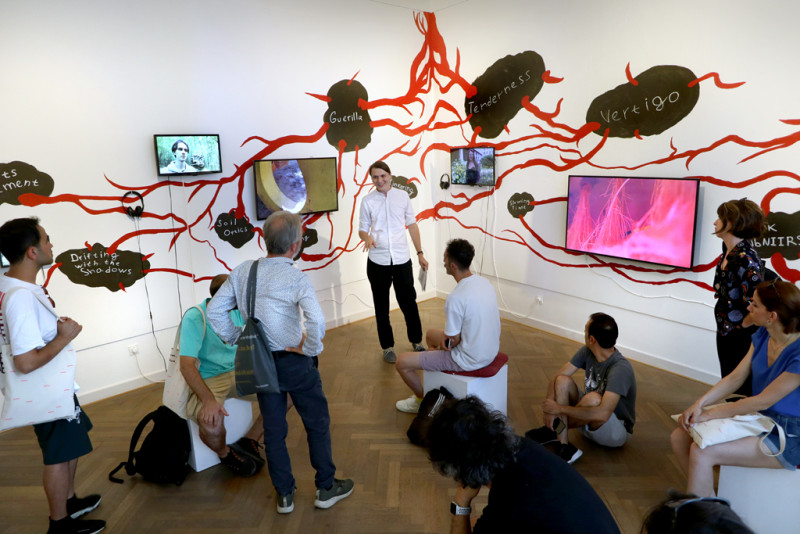 In a mural, which consists of potatoes and roots, several television monitors are embedded. A guided tour is currently taking place in front of this installation.