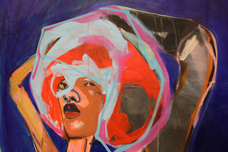 ein Teil einer Frau in bunten Farben auf einer Leinwand