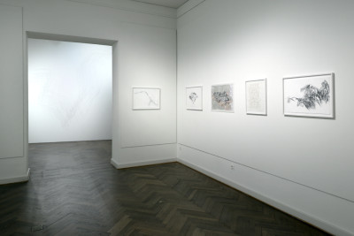 Ausstellungsansicht mit fünf kleinformatigen Arbeiten der Künstlerin (