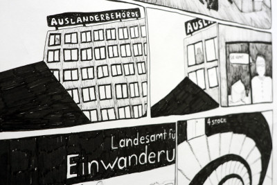 Section of the black and white comic. There is written: 