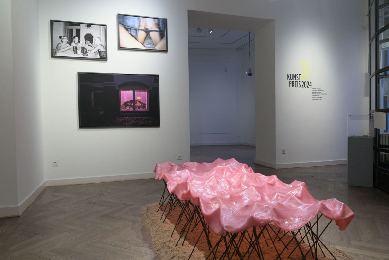 View of the gallery space in the Saalbau, in the foreground a pink work made of cellulose on steel rods. In the background, three large-format photographs of private scenes.