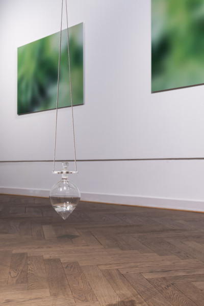 Im Vordergrund ist ein Glasgefäß zu sehe, was über den Boden schwebt. Dahiner sind zwei grün verschwommene Fotografien zu sehen.