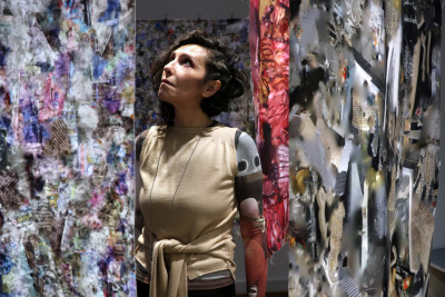 The artist Elisa Duca stands between fabric banners on which fragments of pictures can be seen