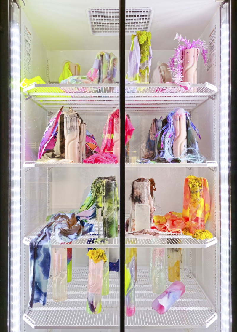 Detailansicht in einen Kühlschrank in dem sich gefrorene neonfarbene Objekte aus Stoff und Kunsthaar befinden.