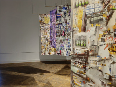 Deatil view on fabric banner with image fragments.