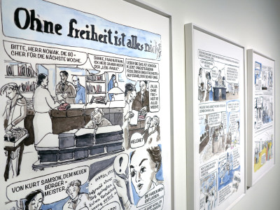 Anna Faroqhi, Andresdenkerinnen - Helene Nathan, Anna Seghers, Hannah Arendt, colour print on canvas, 2017, detail view