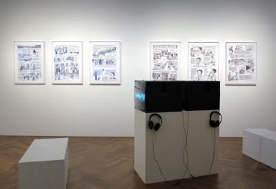 Exhibition view, in the foreground video installations 