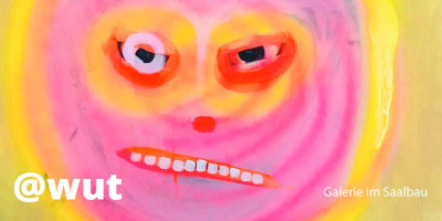 Ein rundes Gesicht in neonpink mit glühenden roten Augen vor einem grellen gelben Hintergrund