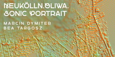 Ausstellung Neukölln.Oliwa.Sonic Portrait von Marcin Dymiter und Bea Targosz mit abstraktem Orange-Türkis-Muster